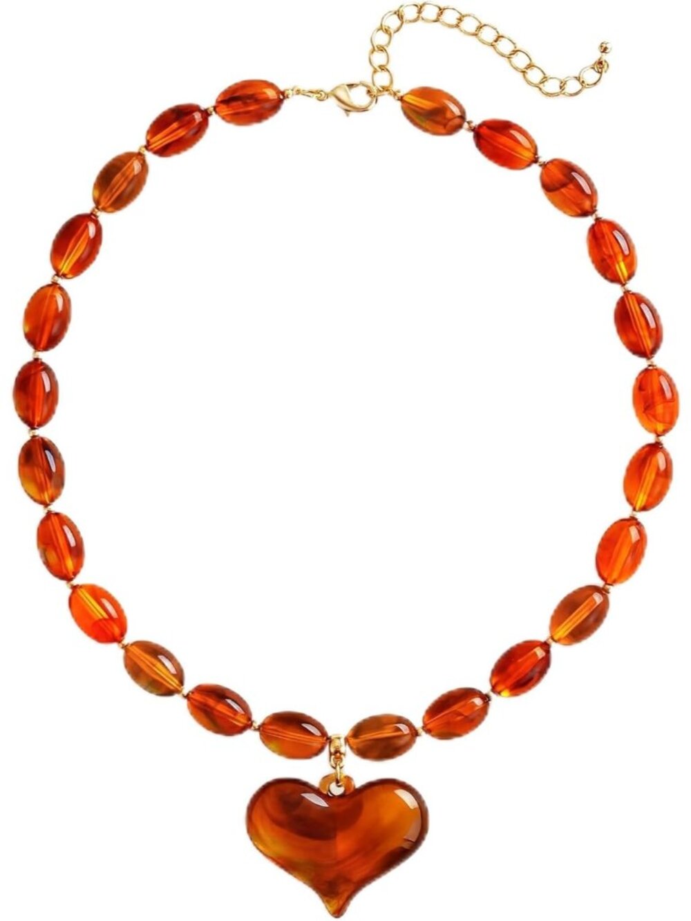 Women's Amber Acrylic Beaded Choker Necklace Chunky Heart Pendant Jewelry